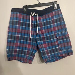 Tommy Hilfiger Swim Shorts Mens Large Blue‎ Red White Plaid Trunks Flag Logo